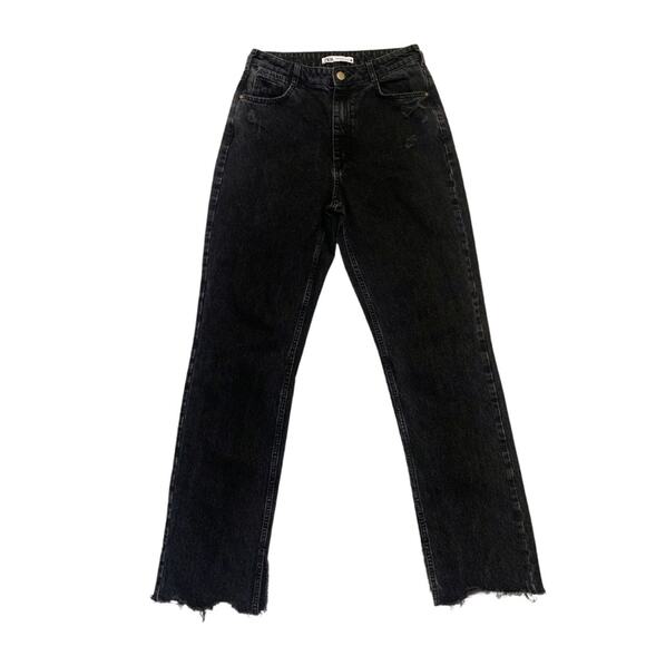 Zara Denim - Zara Black Ripped Distressed Jeans Size 6/28 High Waisted High Rise Straight Cut